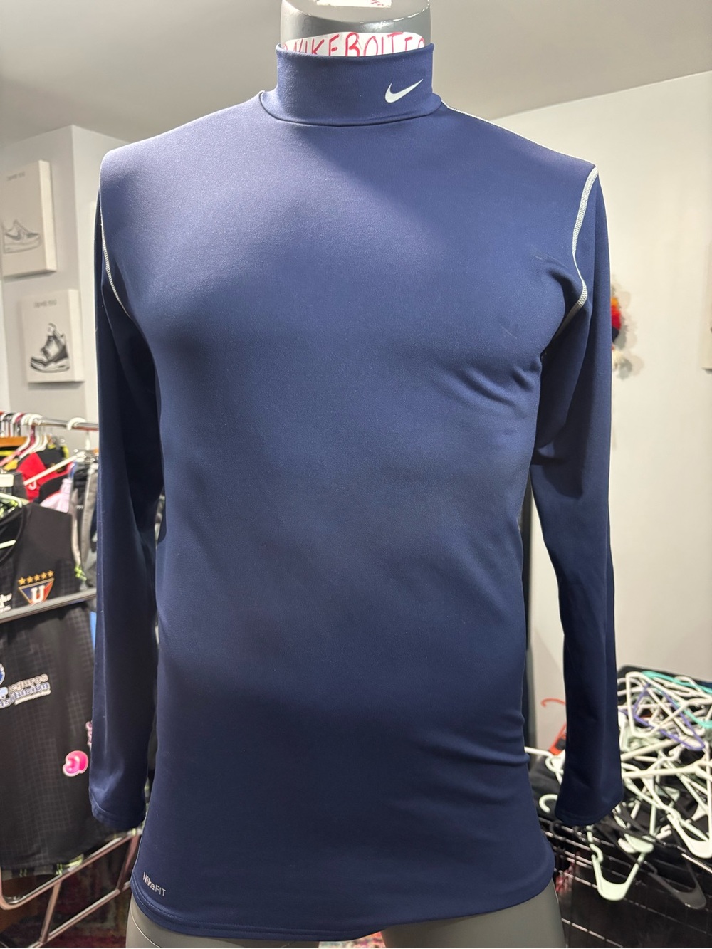 nike pro long sleeve Shirt fitted compression mock neck blue mens X-Large VTG